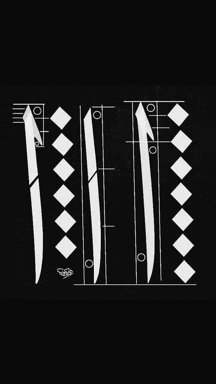 Black and white line drawing of three swords with geometric measurements and diamond shapes on either side.